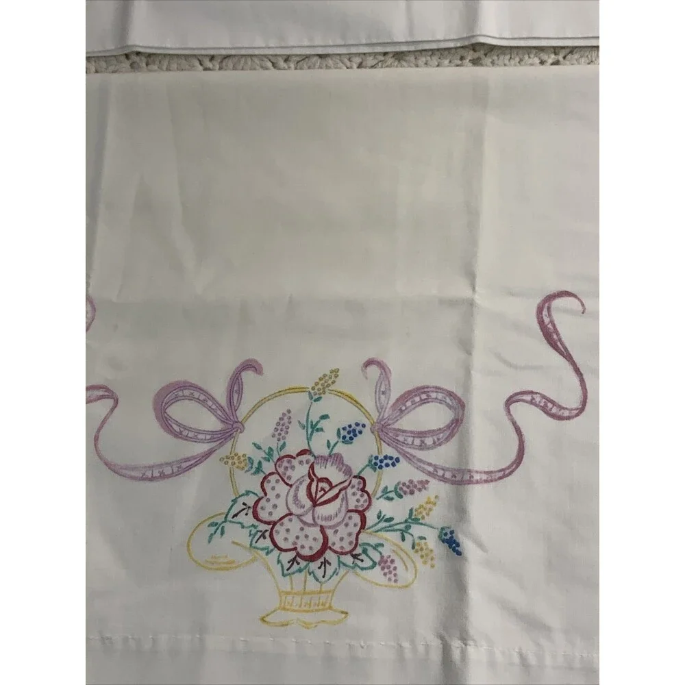 Vintage Pair (2) White Pillowcases Handpainted Flower Basket Ribbons 29”x21”